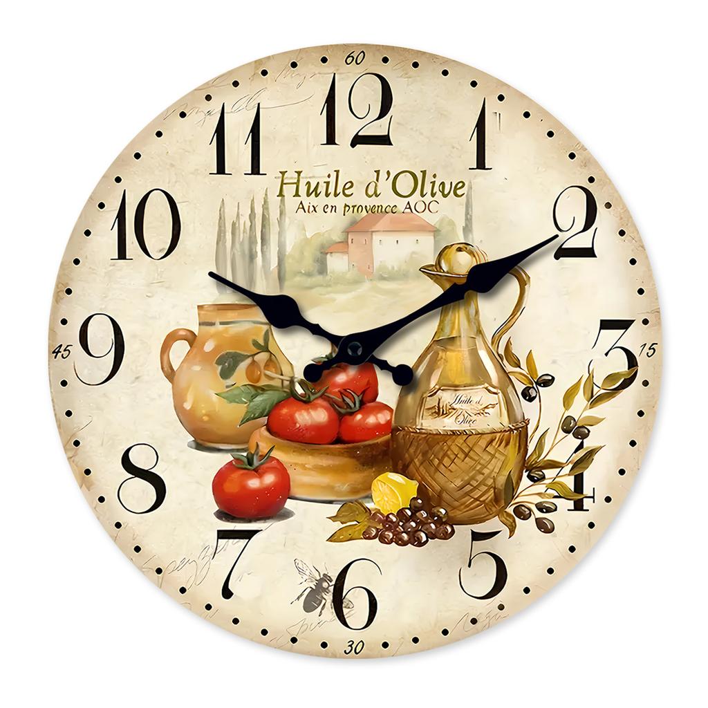 Orologio da Parete in Legno Vintage con Motivo di Olio d'Oliva e Pomodoro della Provenza Soggiorno Camera da Letto Cucina Decorazione per la Casa Orologio al Quarzo Silenzioso Regalo per le Feste