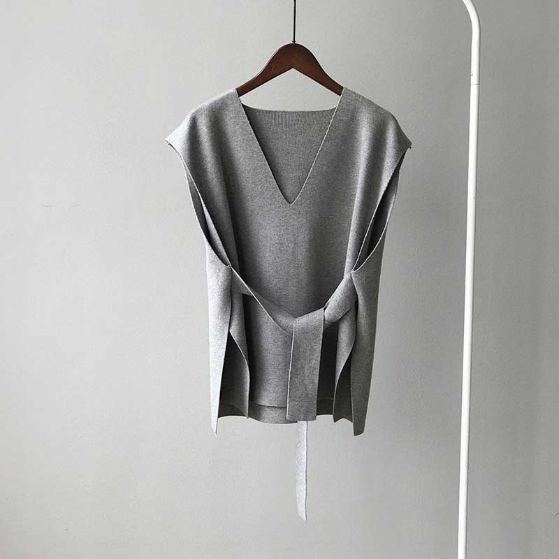 Split Hem Waist Coat with Belt Women's Autumn and Winter V-neck Knitted Vests Outer Wear Korean Version Loose Vest Women's Sleeveless Top