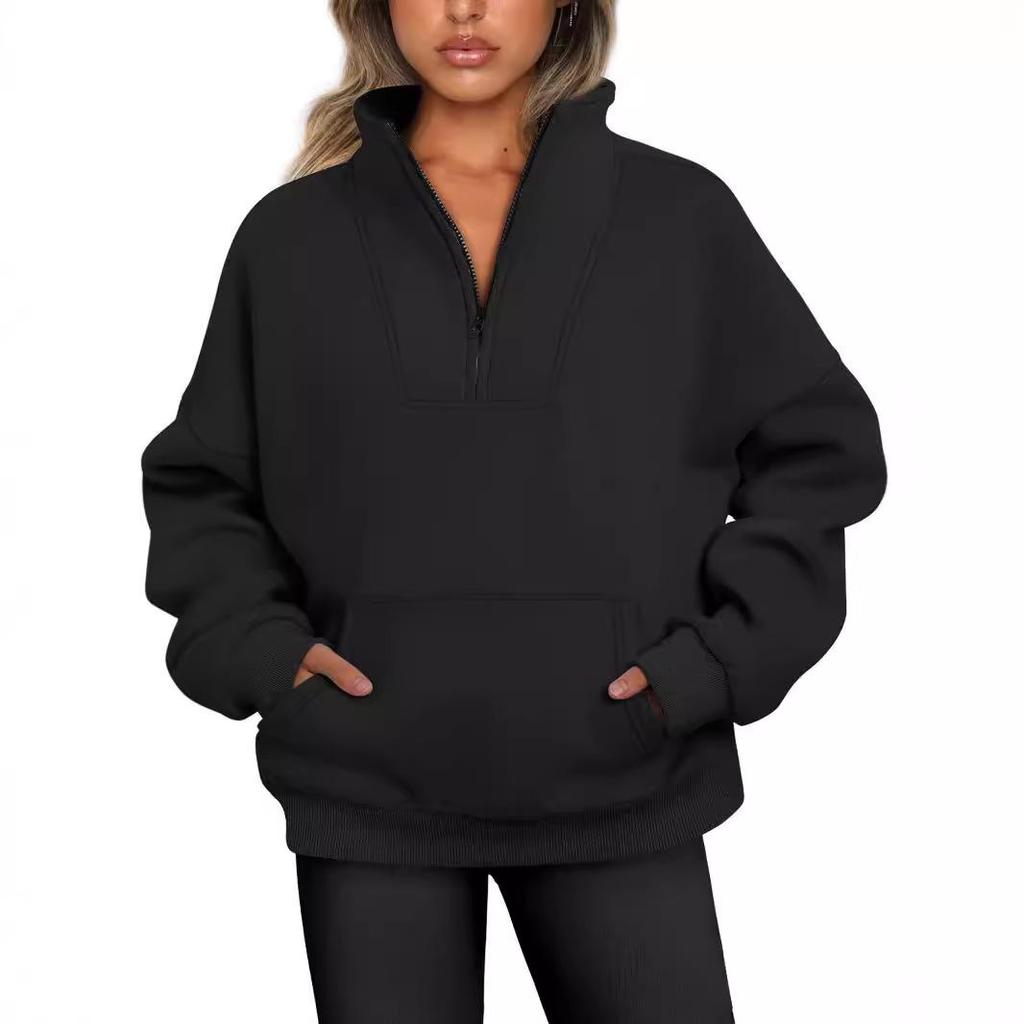 2026 Autumn/Winter Women's Casual Stand-Collar Fleece Sweatshirt with Pockets and Zipper.