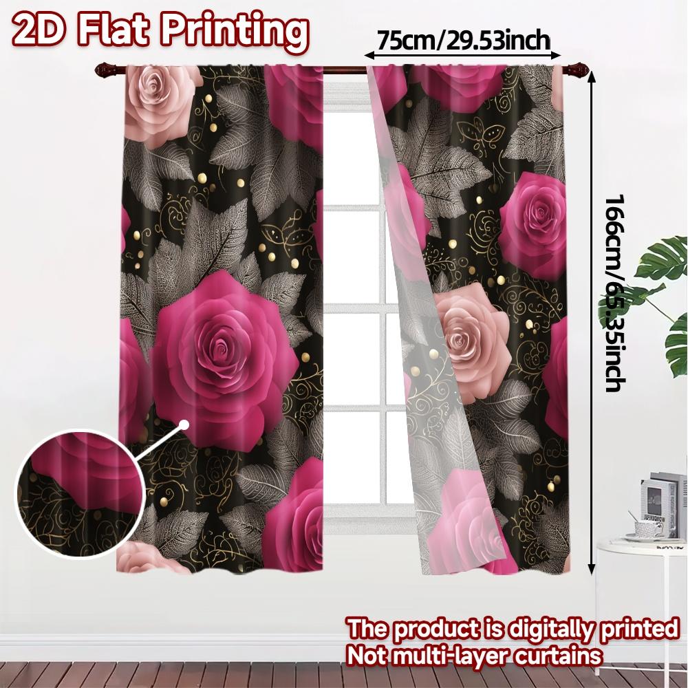 2D FLAT PRINTING 2pcs Curtains (Without Rod) Floral Elegance on Black Holiday Women is Day Printed Curtains Versatile Durable