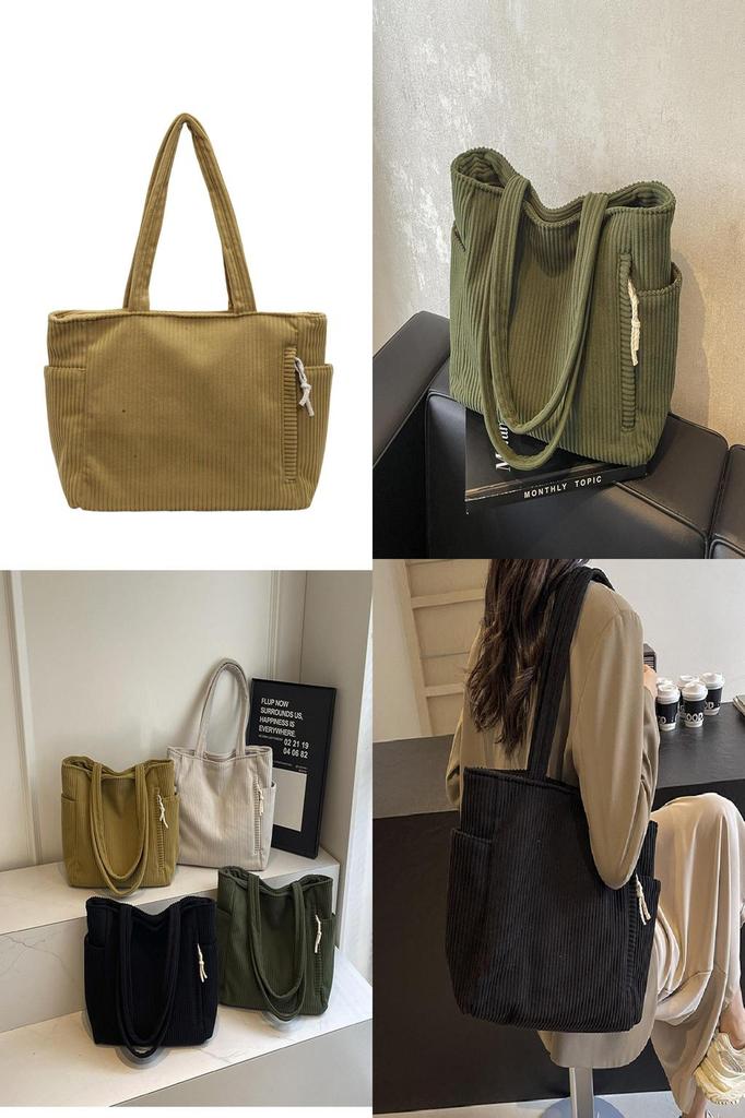 Simple Solid Color Large Capacity Women Corduroy Shoulder Tote Bag For Daily Use