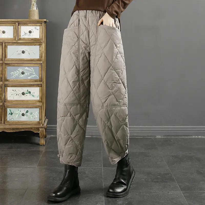 Vintage Pants Women Winter Warm Trouser Cotton-padded Pants Casual Design Pockets Elastic Waist Korean Chic Black Pants