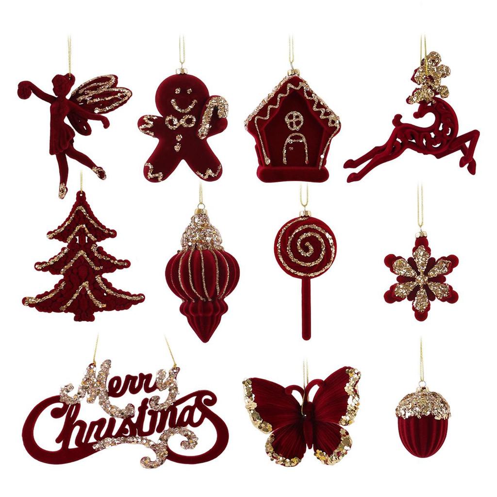 New Christmas Tree Red Flocking Ornaments and Bow Decorations