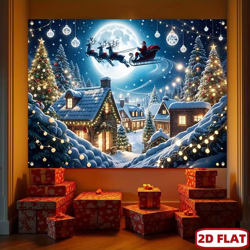 2D Magische Weihnachtsnacht Szene Kulisse, Weihnachtsmann Schlitten & Gemütliches Dorf Fotografie Hintergrund