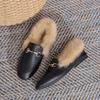 Retro Loafers  Fashion Women'S Shoes Autumn And Winter Women Velvet Warm Flat-Bottomed Rabbit Fur Leather Shoes