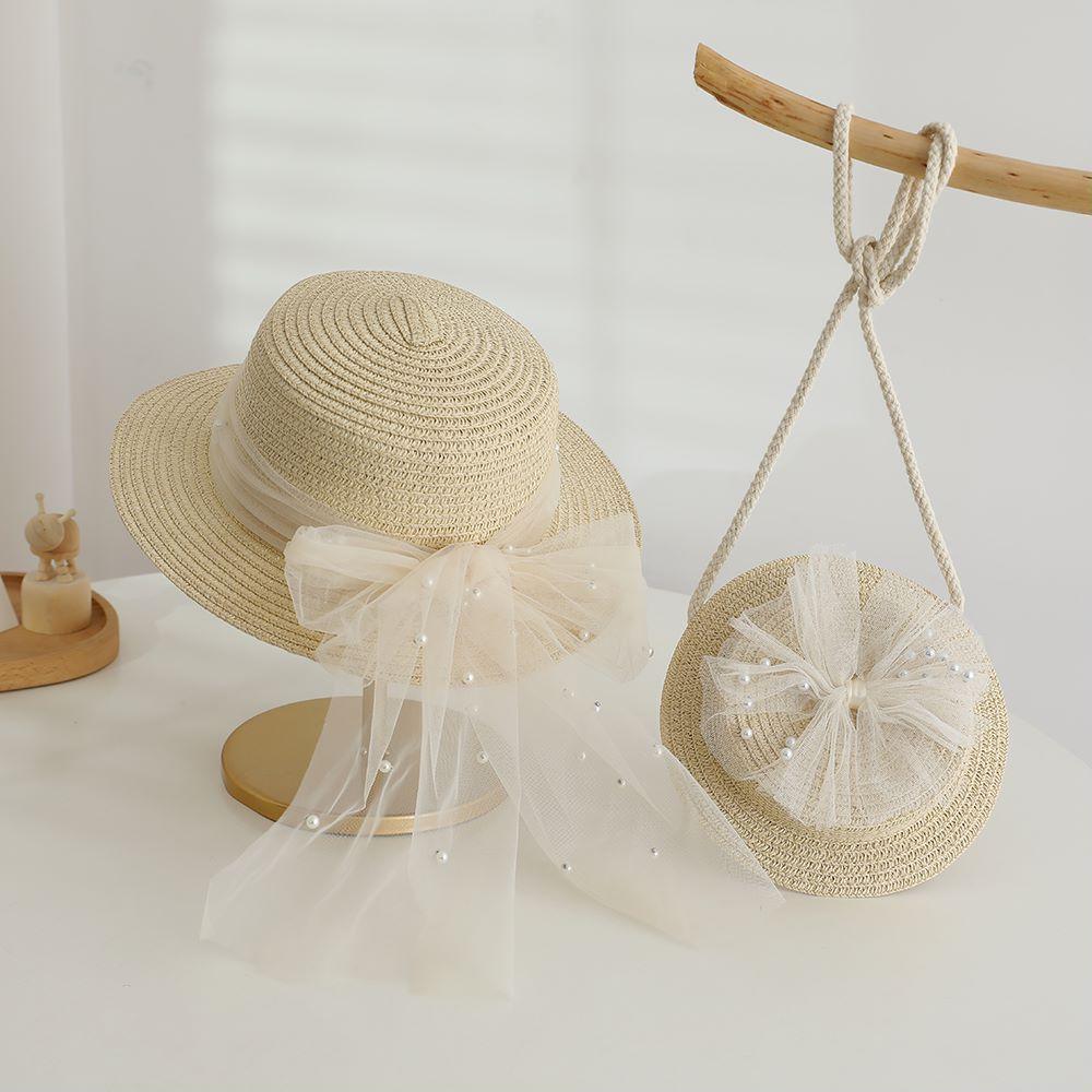 2pcs Set Girls Straw Hat Shoulder Bag Kids Summer Holiday Fisherman Hats Baby Princess Lace Pearl Bowknot Beach Straw Sun Cap