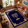 Golden Seven Branch Menorah Vintage Carved Gold Floral Frame Navy Blue Anti-slip Area Rug Jewish Religious Holiday Decor Floor Mat