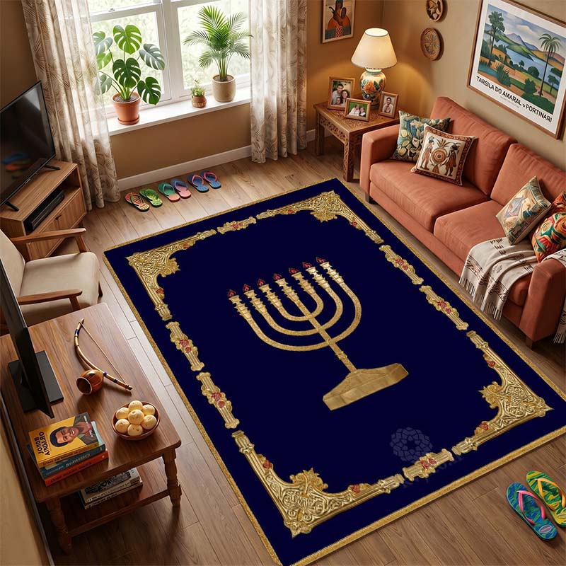 Golden Seven Branch Menorah Vintage Carved Gold Floral Frame Navy Blue Anti-slip Area Rug Jewish Religious Holiday Decor Floor Mat