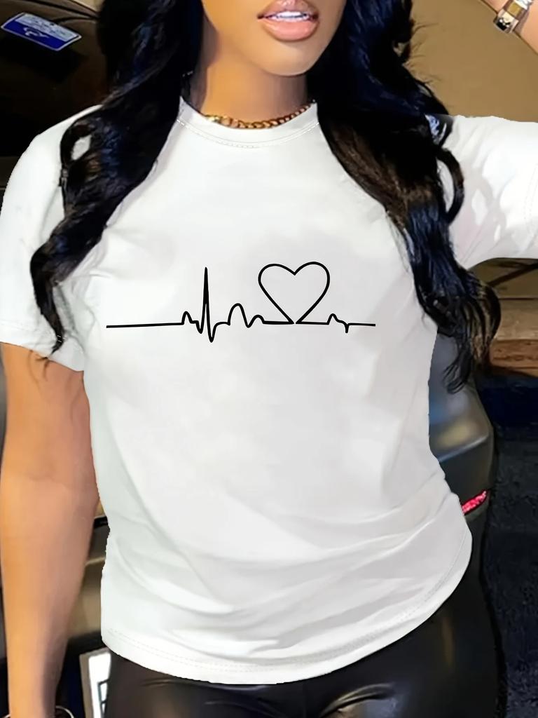 Heart Print Tshirt Short Sleeve Crew Neck Casual Summer Summer Short Sleeved Harajuku Streetwear Tops Tees Aesthetic Clothes