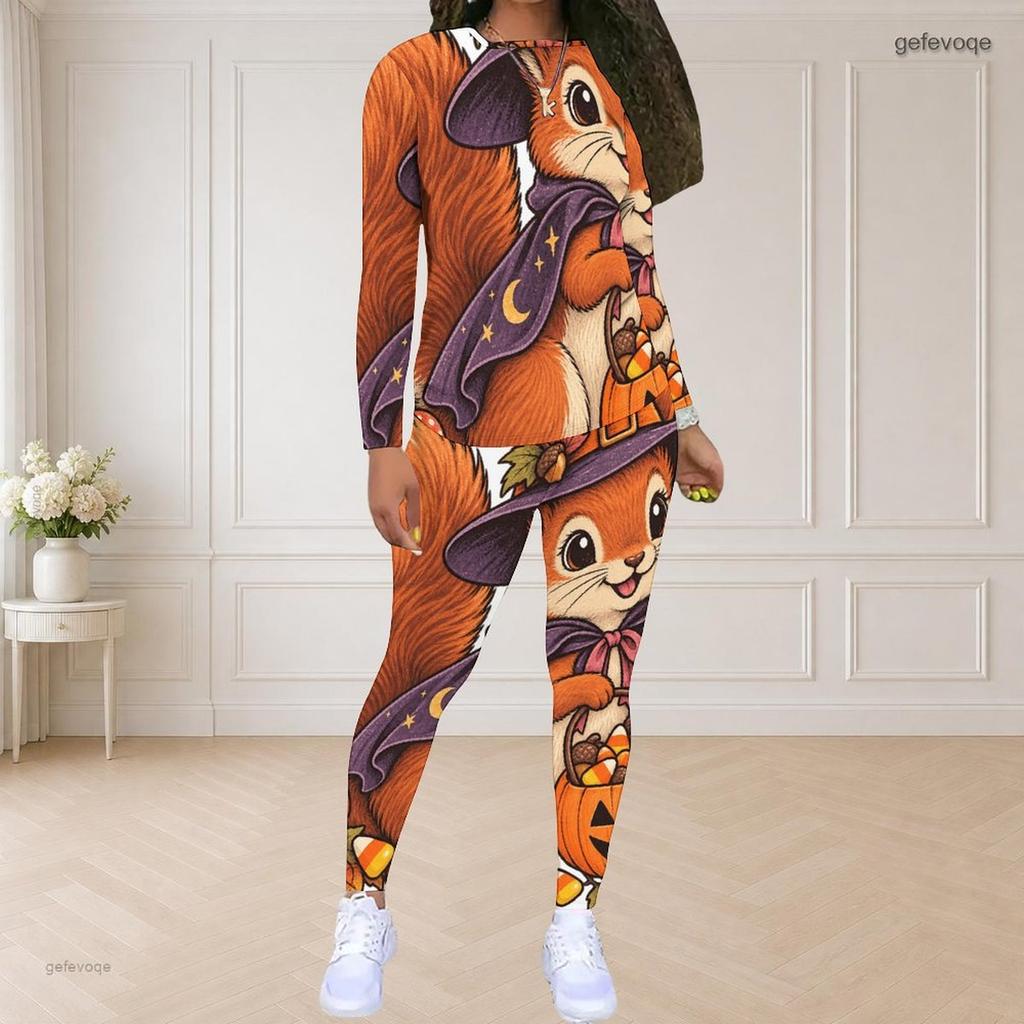 Women Plus Size Round Neck Long Sleeve Printed Top And Fitted Pants Two Piece Set