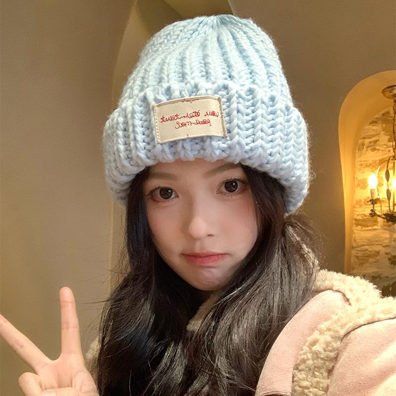

Big head circumference patch blue knitted wool hat women s autumn and winter face small versatile hat ear protection cold hat Elastic (54-59cm)