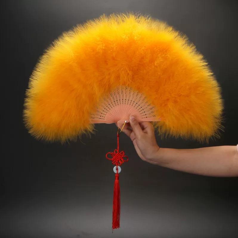 Ventaglio di Piume con Velluto Completo e Piume Ispessite, Ventaglio di Piume d'Oca, Ventaglio Pieghevole in Stile Cinese Tradizionale per Performance su Palco e Danza