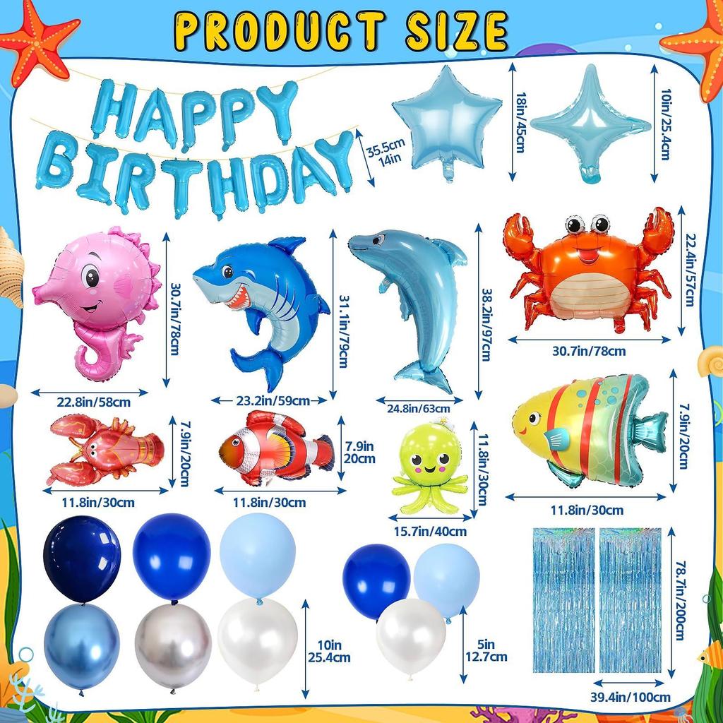 Shark Ocean Theme Foil Balloon Set Kids Birthday Party Decor Kit