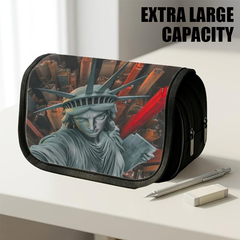 1pc Double Layer Flip Pencil Case, Statue of Liberty Selfie, Large Capacity, Portable Polyester Pen Storage Bag with Zipper Closure, Ideal for School