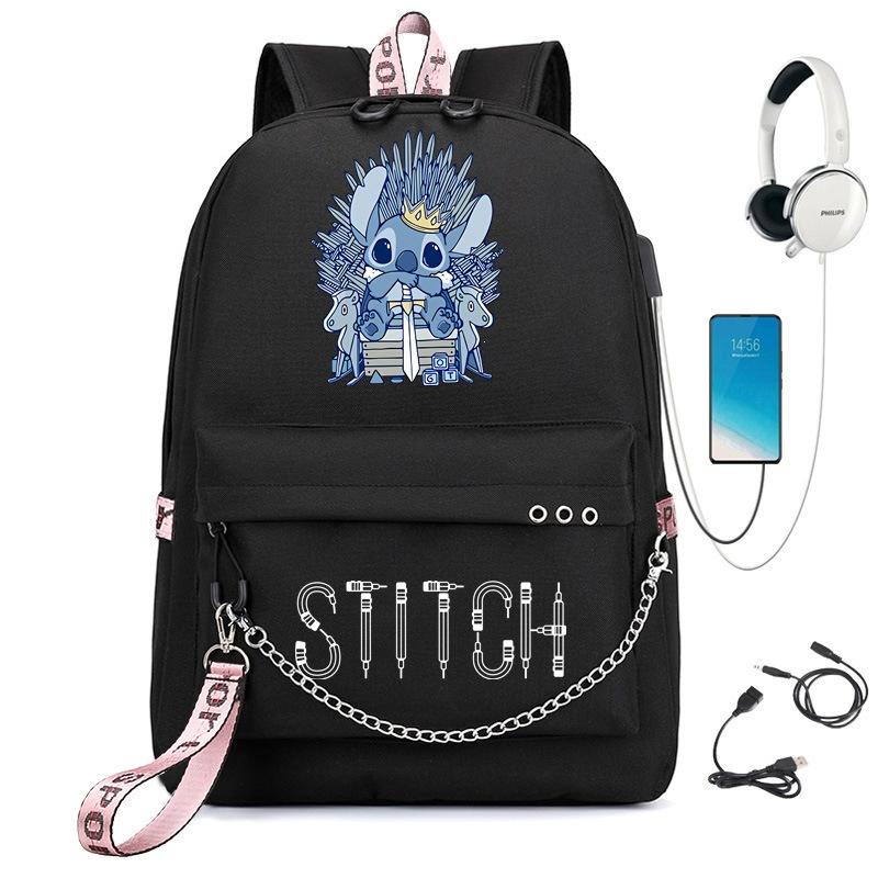 Stitch USB Charging Backpack Student School Bag Unisex Laptop Daypack Waterproof Design