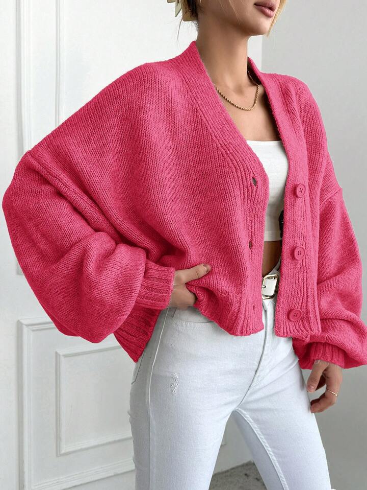 Knitted Cardigan Women's Loose V-neck Lantern Sleeve Sweater