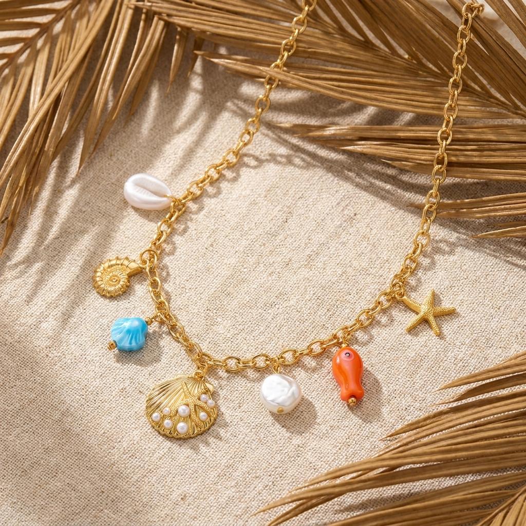 Bohemian Imitation Pearl Beaded Chain Necklace for Women Ocean Series Starfish Shell Conch Pendant Choker Beach Party Jewelry