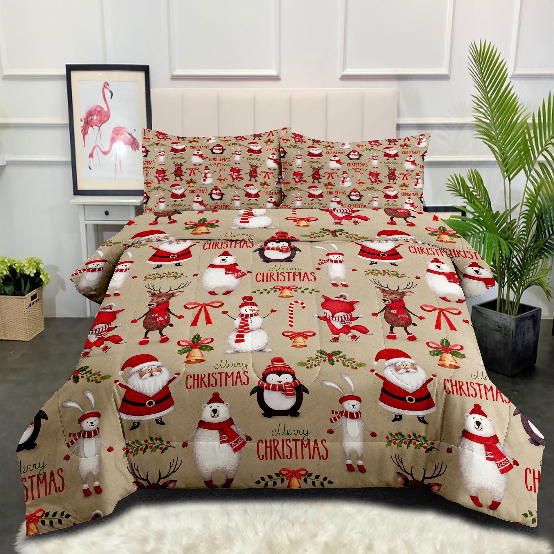 

Fat Quilt Core Christmas Casual Quilt Snowman Gift Bedding Feather Silk Cotton Quilt Cover Three-piece Set 140*200cm