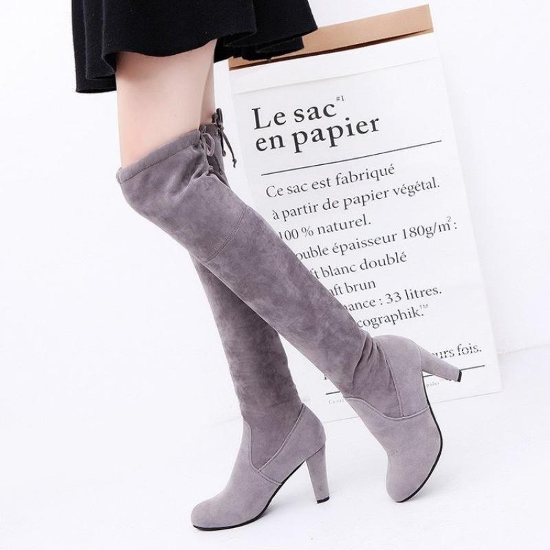 Thigh High Botines Mujer Plush Fur Shoes Winter Stovepipe Stretch Over Knee Long Boots Women Lace-up Velvet Knight Bottes