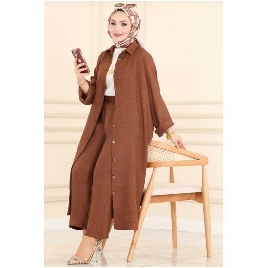 

Длинный льняной базовый комплект хиджаба с пуговицами спереди