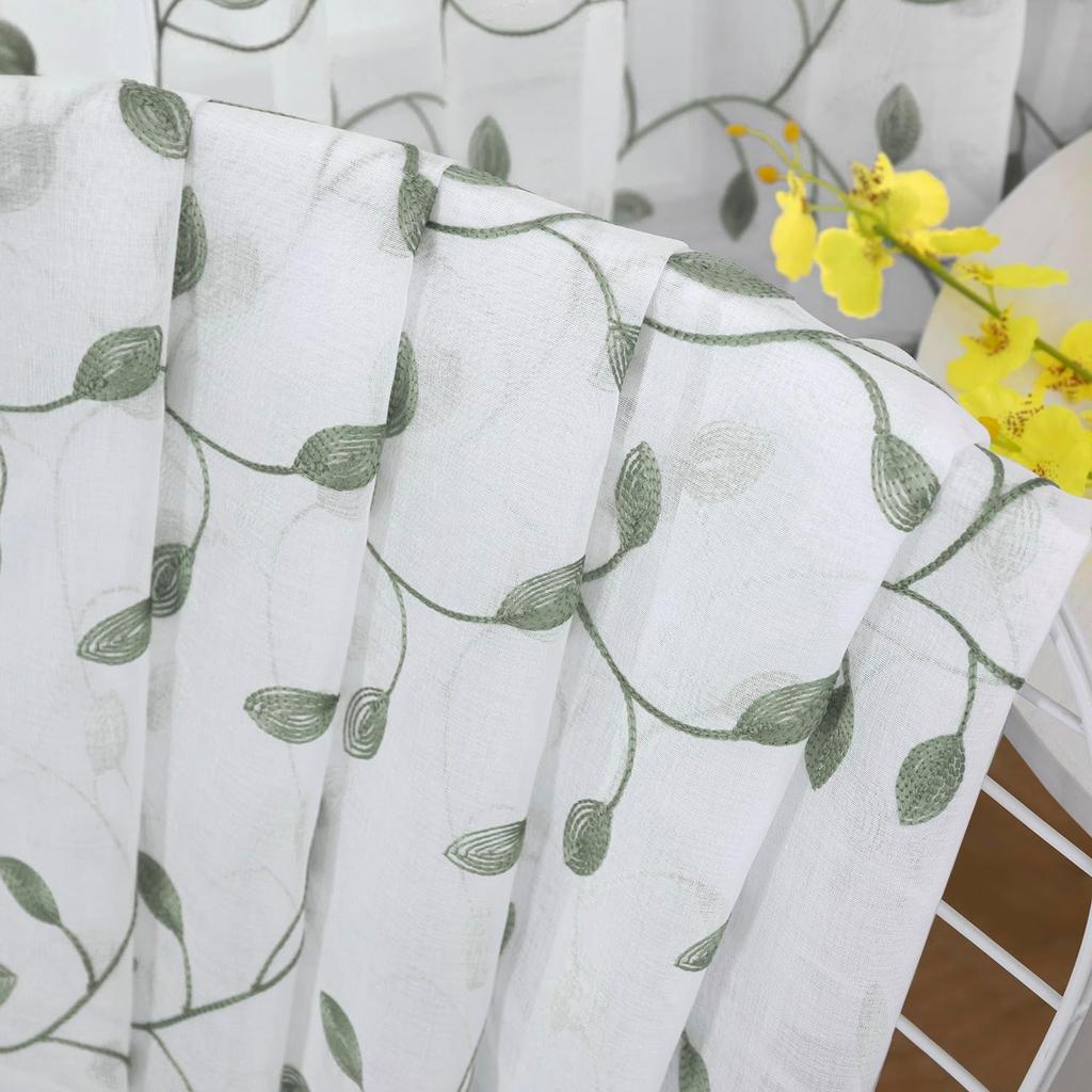 Tollpiz Leaves Short Sheer Curtain Sage Green Leaf Embroidery Living Room Curta Rod Pocket Voile Faux Linen Embroidered Leaves Curtain for Bedroom,