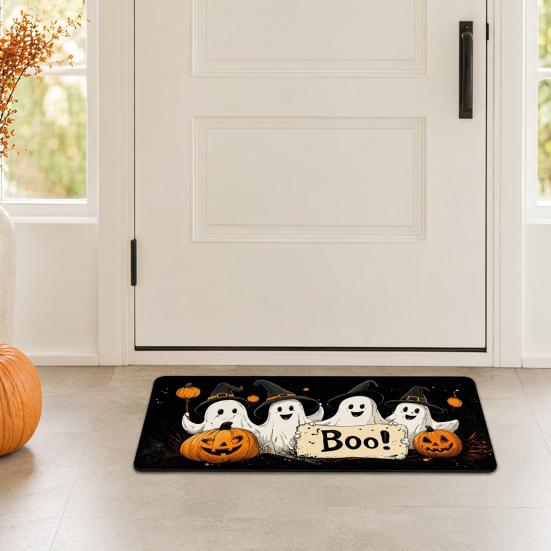 huaqianguhh 2Pcs/Set Halloween Kitchen Rugs, Anti Slip Absorbent Floor Mats, Pumpkin Black Cat Ghost Designs, Decorative Rugs for Living Room Bathroom