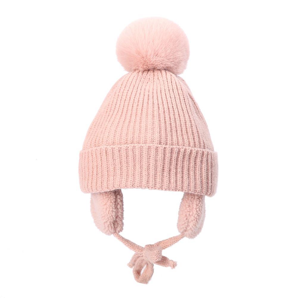 

Plush Children Knitted Hat Cartoon Wool Cap All-match Pompom Beanie with Earflap Boy розовый