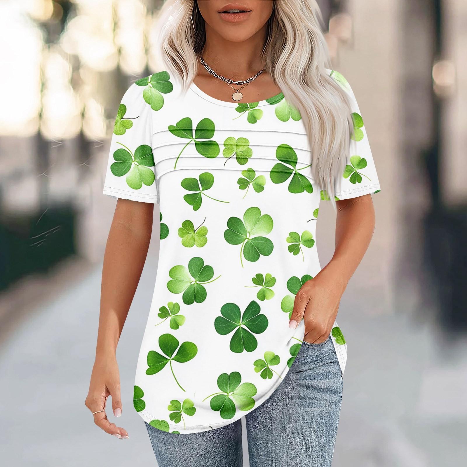 

Женская ул.. Ко Дню Святого Патрика с принтом, короткими рукавами, свободным воротом, плиссированным топом XL белый