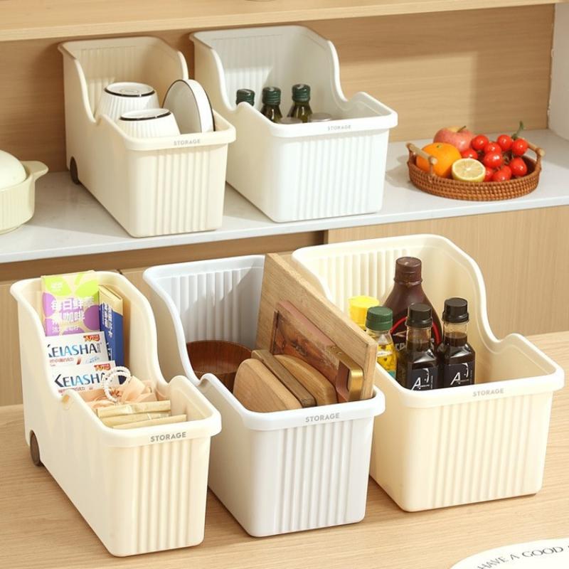 1Pcs Plastic Kitchen Storage Bin With Wheels Open Top Cabinet Organizer For Dishes Bottles