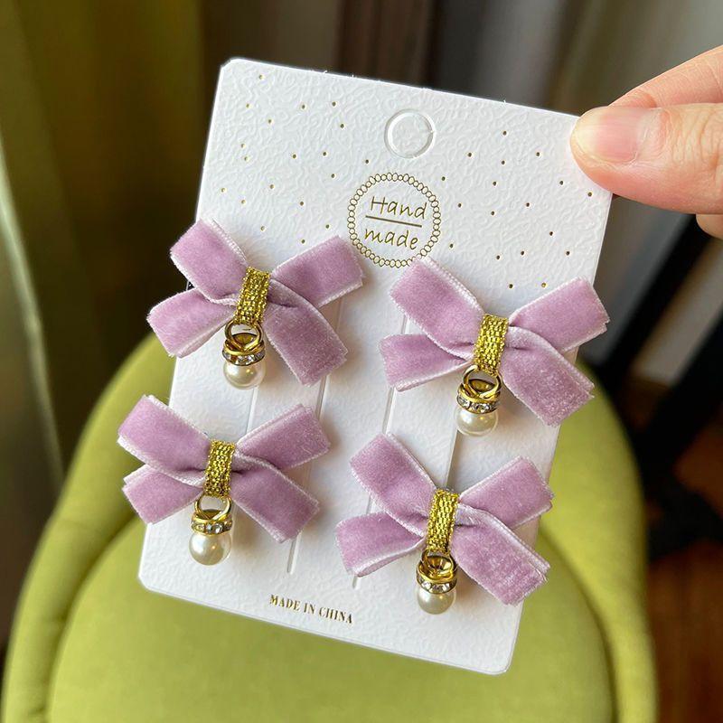 4PCS Lovely Velvet Bow Beads Baby Hairpins Kids Hair Clips Children Headwear Princess Barrette Girls Hair Accessories