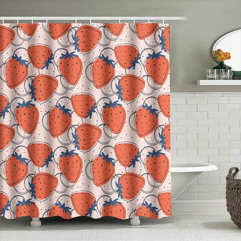 Strawberry Print Shower Curtain Peach White Blue Red Round Decoration For Bathroom Decorations Made From Polyester Fabric Easy I