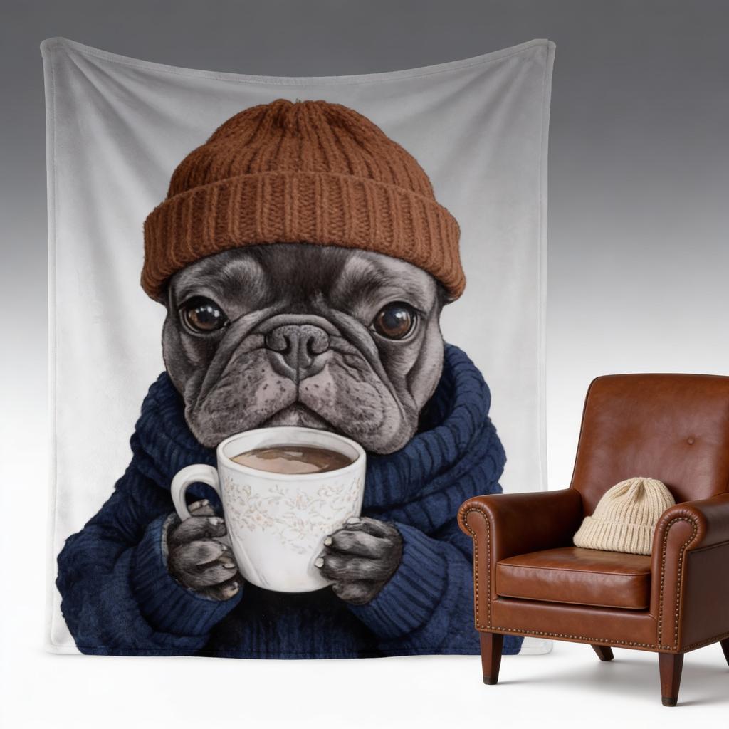1pc Vintage French Bulldog with Coffee Print Flannel Throw Blanket - Cozy Soft Polyester Knitted Blanket for Sofa,Nap Blanket