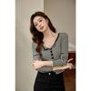 Women S Long Sleeve Striped T Shirt High Waist Short Style With Shell Buttons