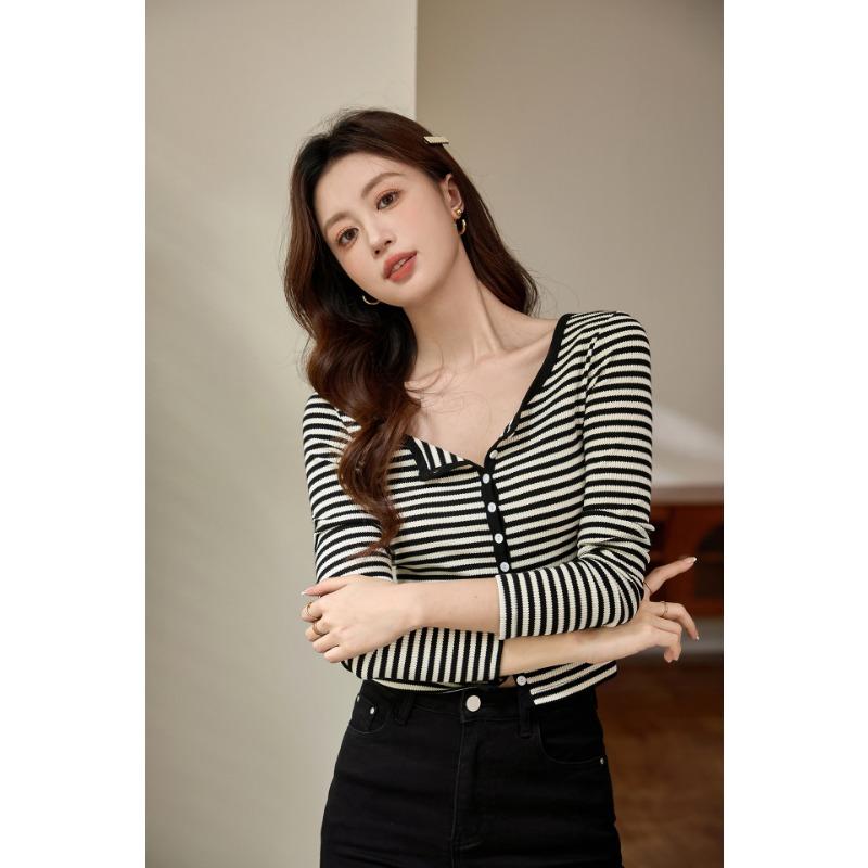 Women S Long Sleeve Striped T Shirt High Waist Short Style With Shell Buttons