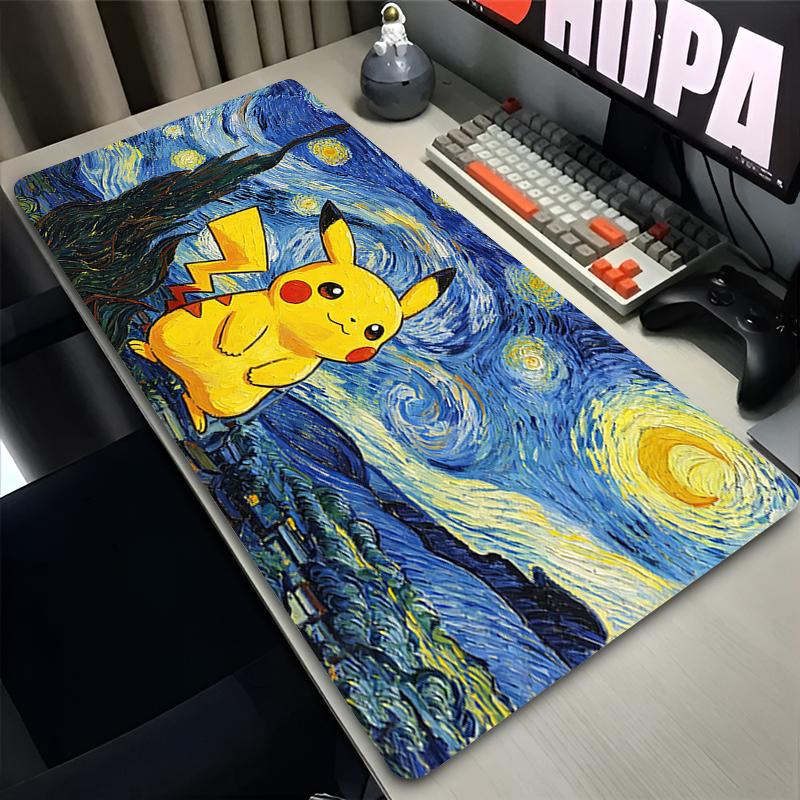 kawaii Mouse Pads Pokemon Large Extended Non Slip Gamer Desk Mat Pikachu Starry Night oil painting Antislip Gaming Mouse Pads