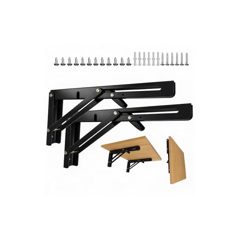 Folding Bracket Shelf Mount - L-shaped, 150kg Load Capacity, Wall Mounted, Set of 2, Screws Included (2, Black, 20cm)