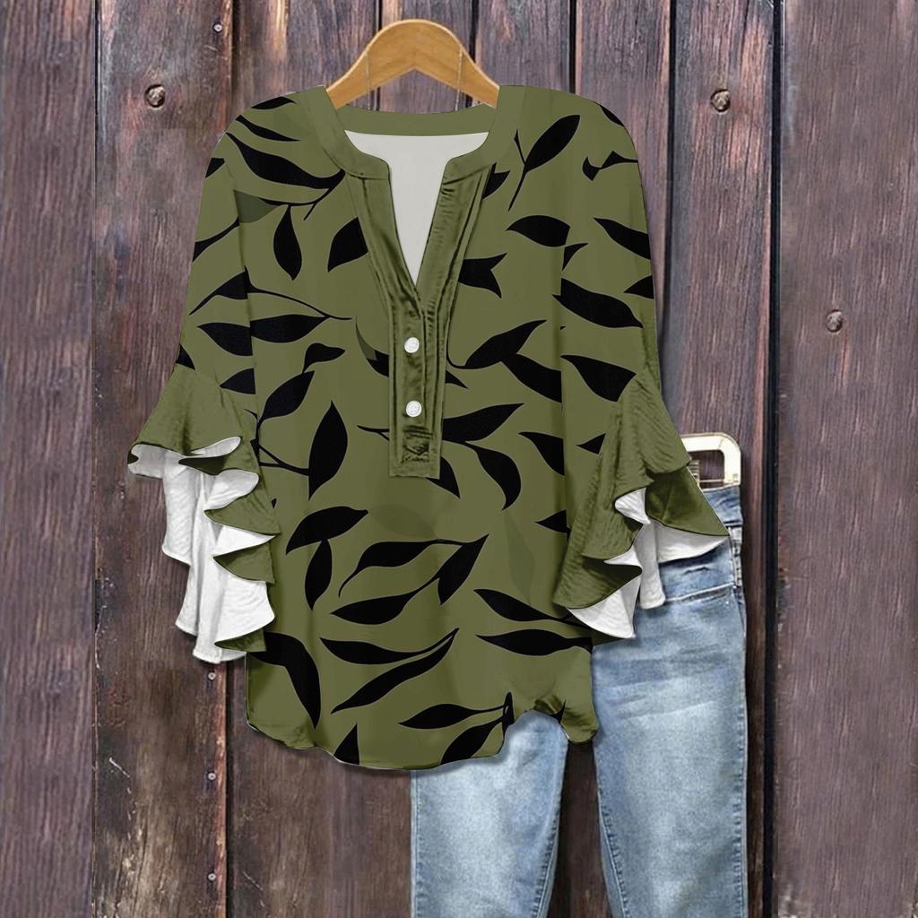 Women's Summer Tops V Neck Three-quarter Sleeves Floral Print Flowing Ruffle Sleeves Half-button Shirt