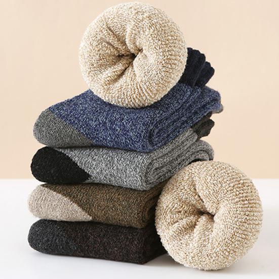 Men Thickened Wool Socks Color-Block Winter Ribbed Terry Socks Breathable Warm Casual Crew Socks for Daily Errands Workout Outdoor Sports