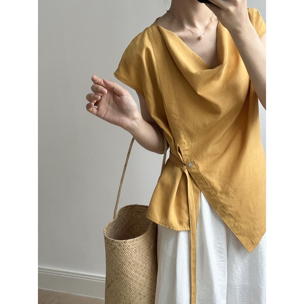 Yanshuang Women's Korean-Style Tencel Sleeveless Swing Collar Shirt with Waist Tie and Slit - Summer 2024