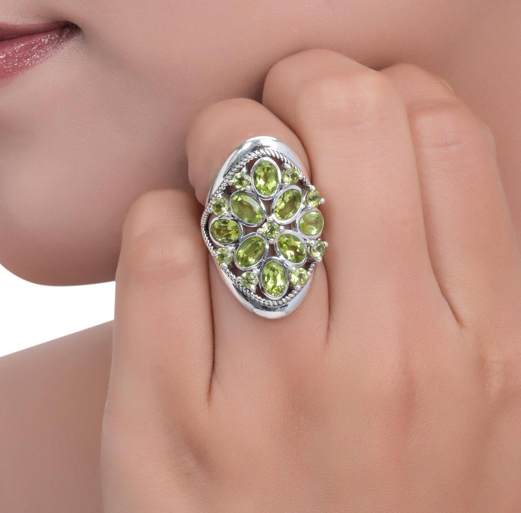 Sterling Silver Multi Stone Peridot Ring - Cluster Green Gemstone Statement Ring with Rope Border - August Birthstone Jewelry for Women