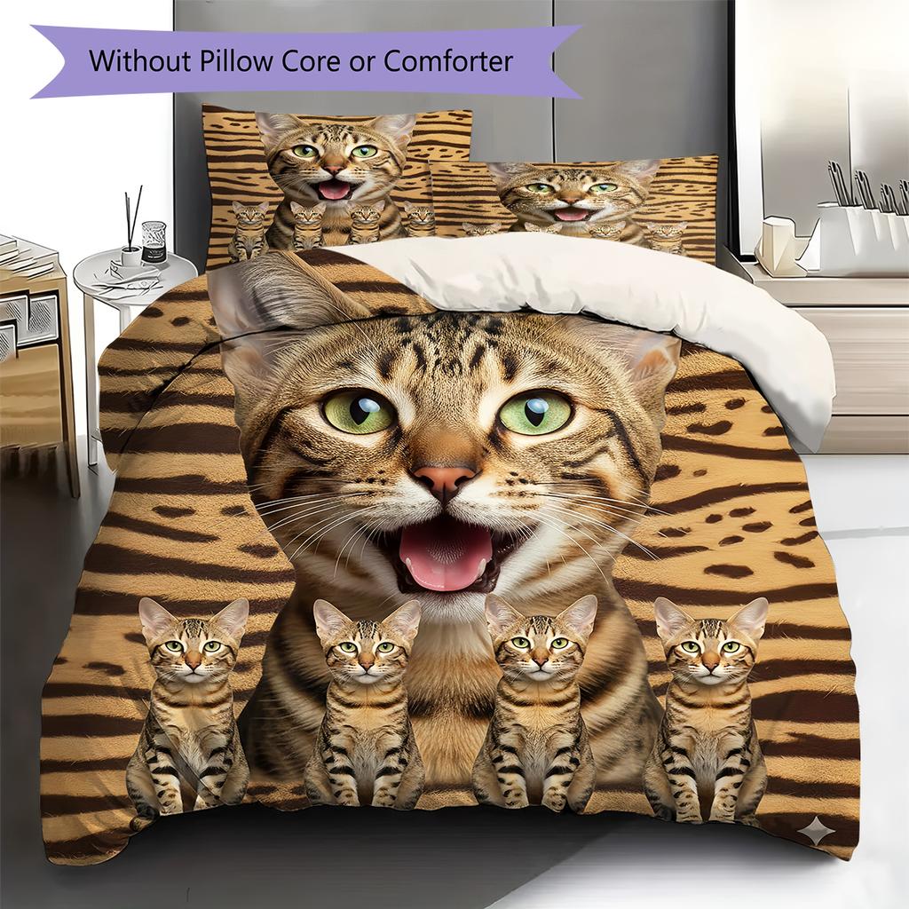 Cute Cat 3D Pattern Bedding Quilt Set Quilt Cover Pillowcase Home Decoration Gift (1 * duvet cover + 2 * pillowcase, without core)
