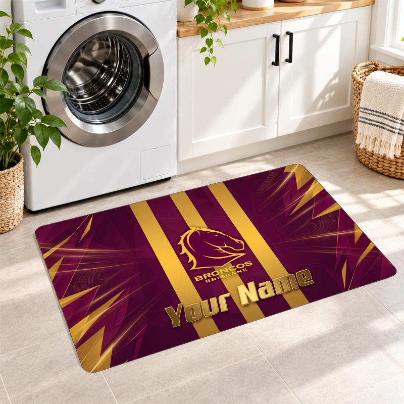 Brisbane Broncos Custom Name Flannel Rug Kitchen Mat Non Slip Floor Carpet Personalized Home Decor
