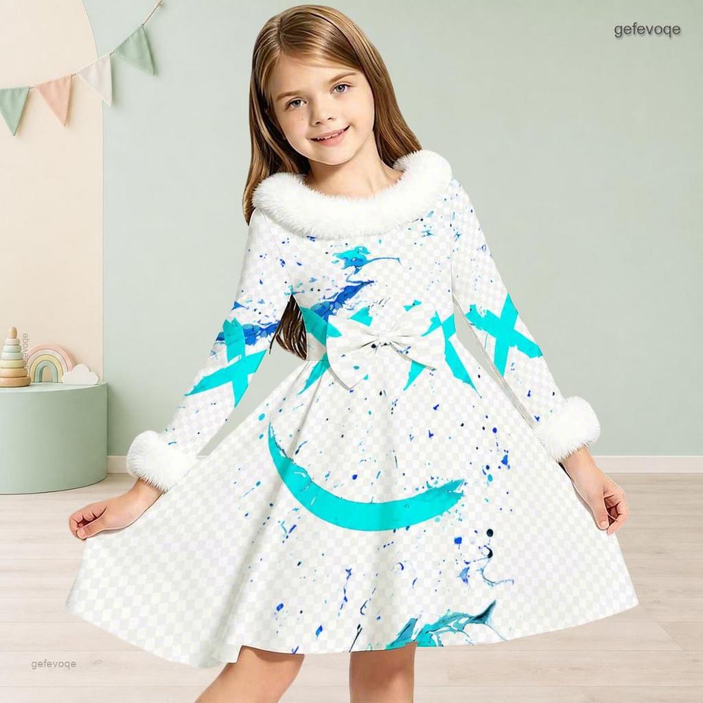 Girls High Neck Long Sleeve Printed White Blue Furry Trim Bow Waist A Line Flared Dress