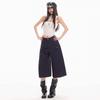Fashion High Street Vintage Button Detailed Navy Blue Cropped Capri Cargo Pants For Women Loose Wide Leg  Versatile Slimming FigureFlattering Bottoms