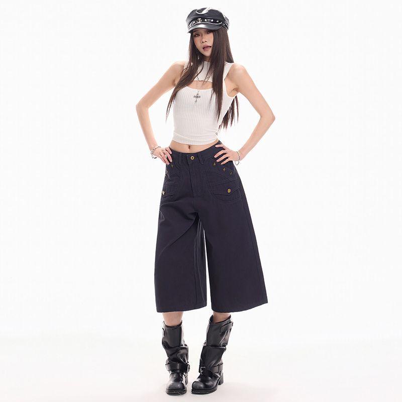 Fashion High Street Vintage Button Detailed Navy Blue Cropped Capri Cargo Pants For Women Loose Wide Leg  Versatile Slimming FigureFlattering Bottoms