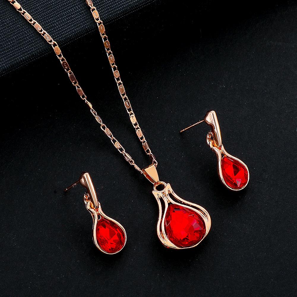 

Горячая подвеска изумрудные серьги ожерелье комплект ювелирных изделий женский ins wind, Европа и цветные бриллиантовые ожерелья серьги комплект, красный