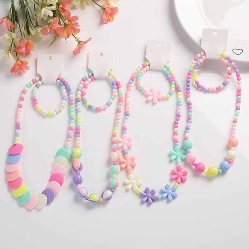 Candy Color Beads Necklace Bracelet Set Kids Jewelry Set Party Jewelry Plastic Texture Birthday Perfect for Kids Present