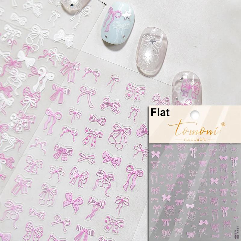 Shiny Polarized White Ribbon Bowknot Stars Tassel 3D Self Adhesive Nail Art Stickers Lovely Bow 5D Embossed Manicure Decals