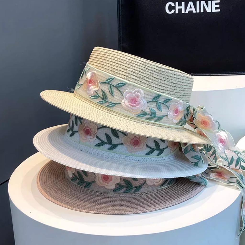 New French Bow Straw Hat Women's Flat-top Sunscreen Hat Summer Casual Sunshade Straw Sun Hat