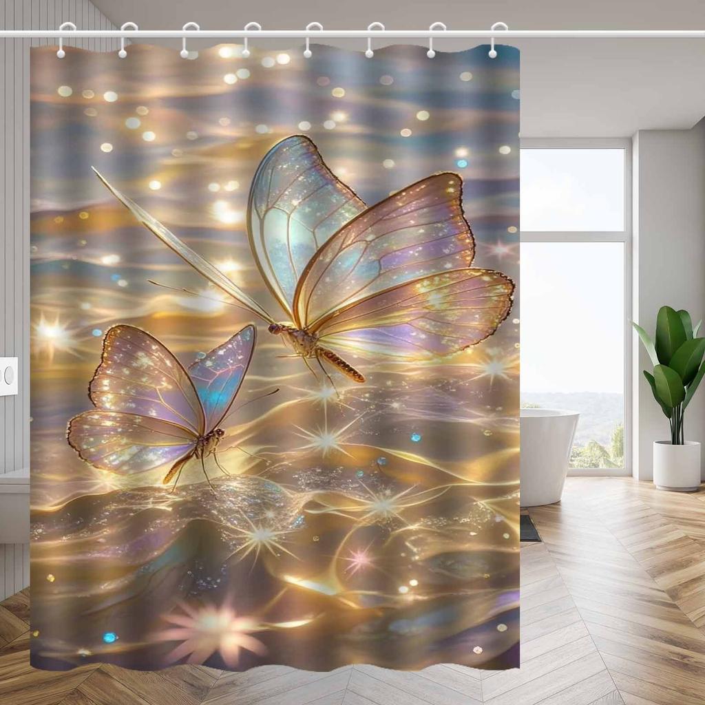 1pc Golden transparent butterfly pattern shower curtain, high-end elegant bathroom curtain, bathroom decoration pattern